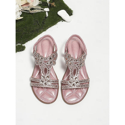 Boho Silver – Rhinestone Sandals Flat T-Strap Women's