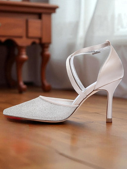 Silver - Women's Strap Heels Glitter Ankle Elegant Stiletto