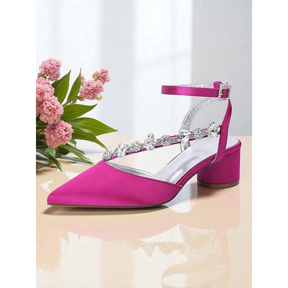 Block Pumps Heel Purple with Satin Rhinestone Women's