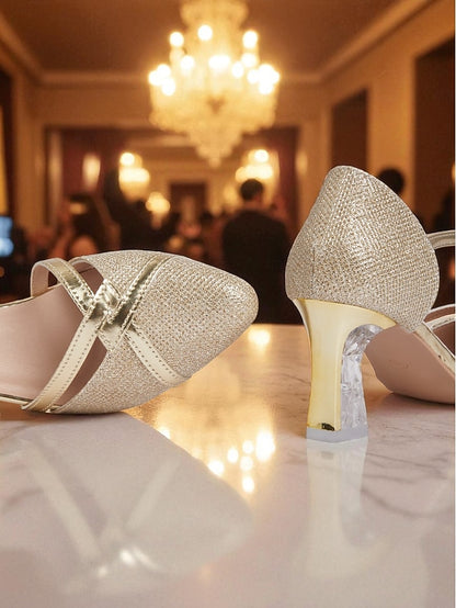 Strap Heel Gold Pumps Ankle Women's Block - Glitter Elegant