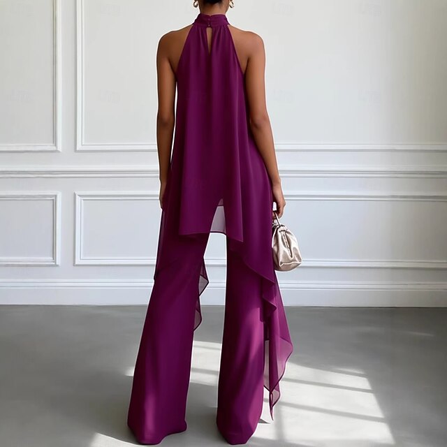 Women's Chiffon Sleeveless Halter Neck Solid Color Elegant