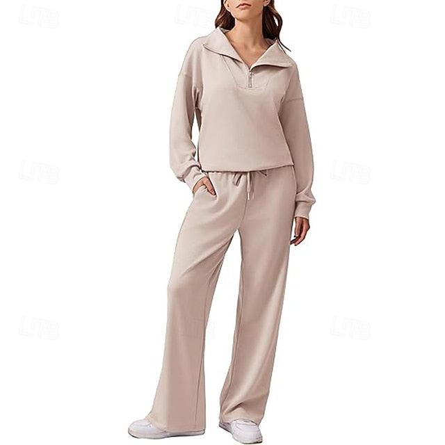 Women's Pants Sets Long Sleeve V Neck Solid Color