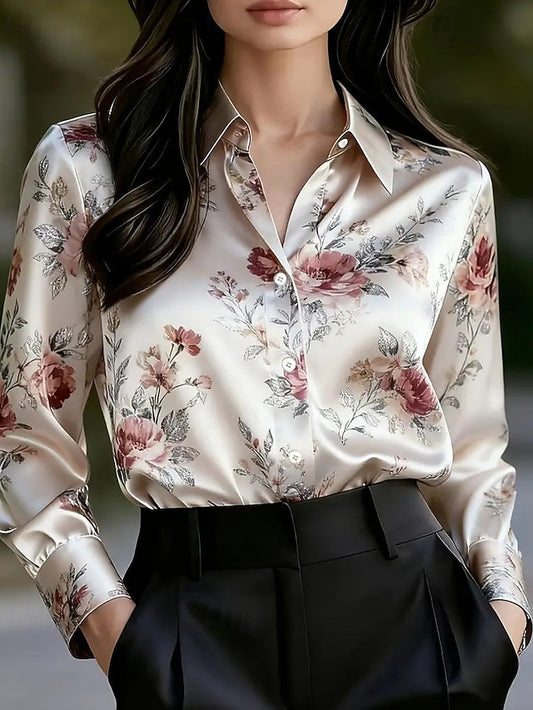 Women's Shirt Elegant Satin Top Blouse Ruched Buttons