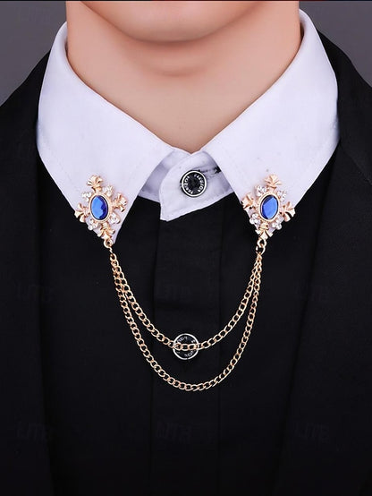 Blue – Gem Double Collar Brooch Elegant Chain Vintage