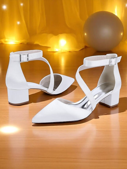 Pointed Toe Satin Champagne Block Heels - Women's