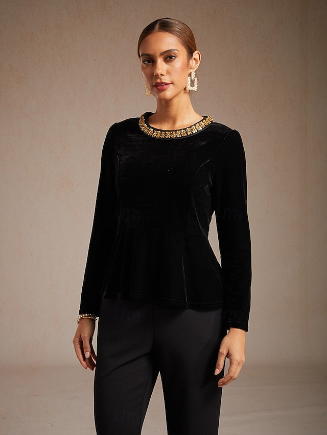Women's Velvet Blouse Beaded Elegant Crew Neck Regular Tops