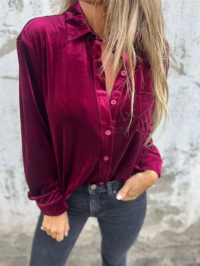 Women's Shirt Velvet Elegant Dressy Pocket Buttons Draped