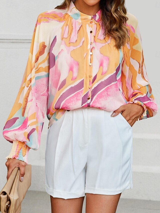 Women's Blouse Buttons Print Graphic Color Block Stylish