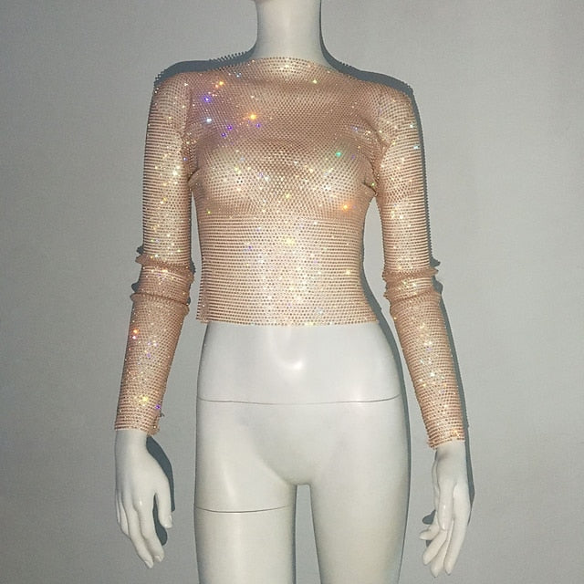 Metallic Sparkle Sexy Shirt Sheer Mesh Rhinestone Cover Up Disco