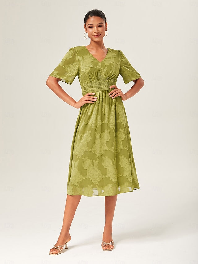 Women's Elegant Dress Green Short Sleeve Jacquard Jacquard