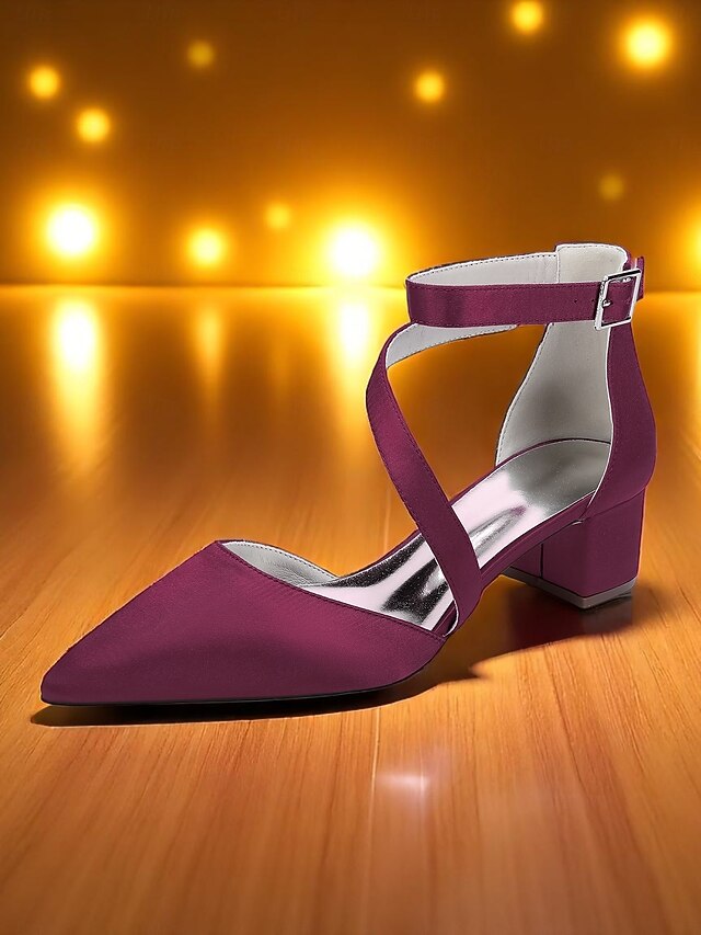 Pointed Toe Satin Champagne Block Heels - Women's