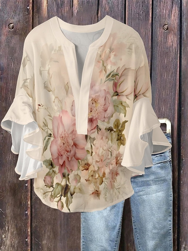 Women's Blouse Ruffle Print Floral Stylish Modern 3/4
