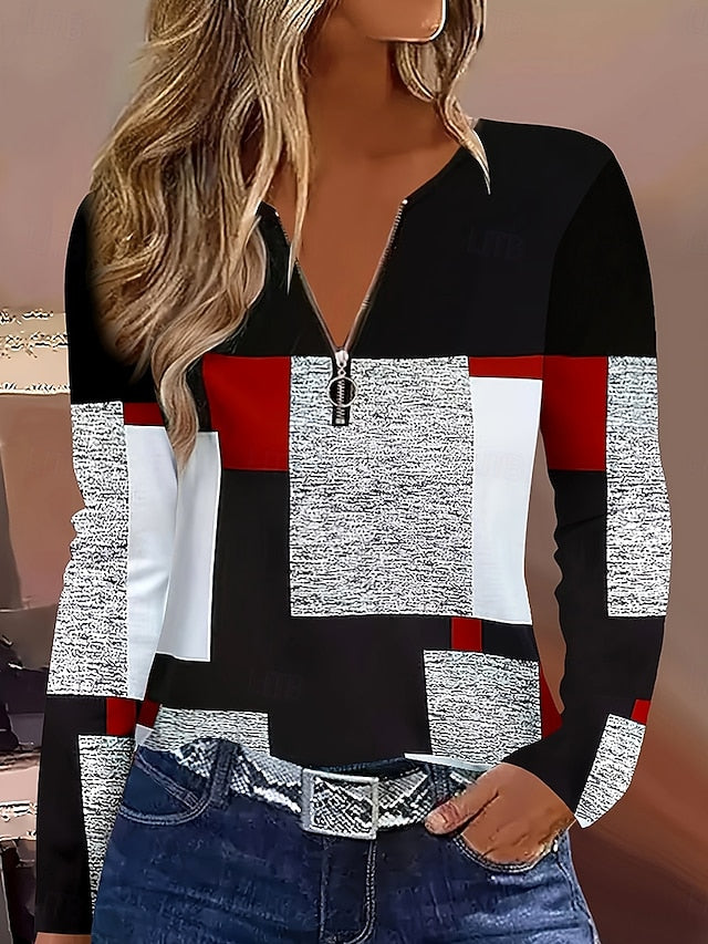 Women's T Shirt Zipper Print Graphic Geometric Color Block