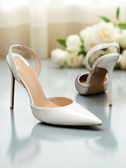 Women's White Leather Heels Slingback Pearl-Embellished -