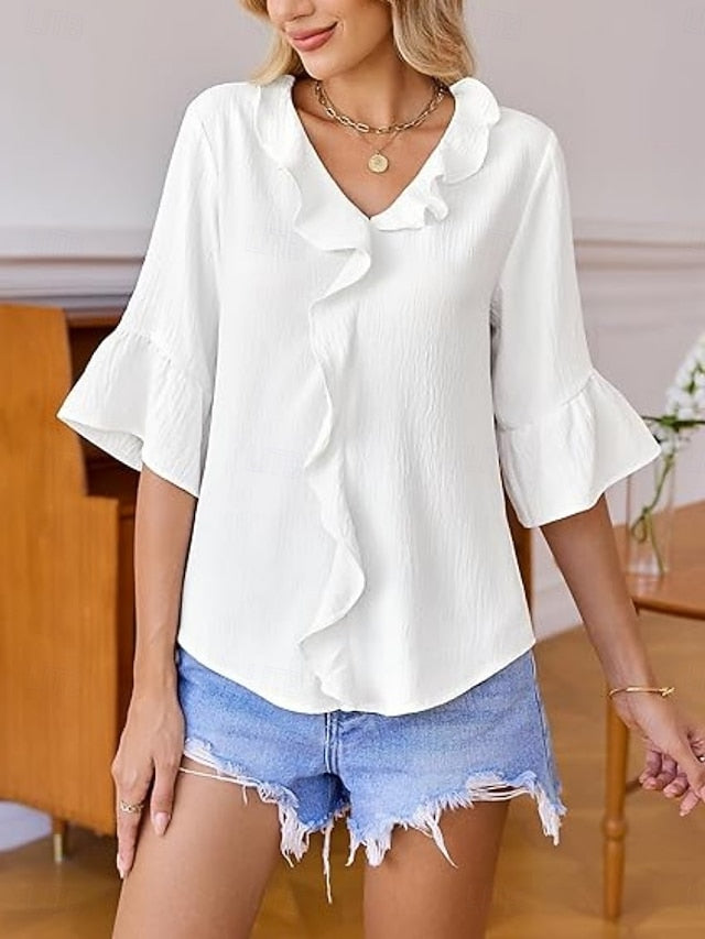 Women's Blouse Ruffle Solid Color Stylish Basic Casual 3/4