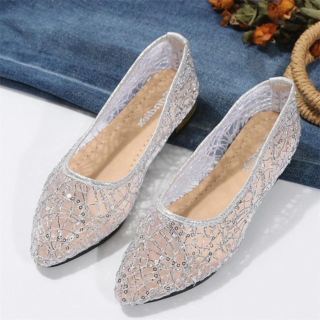 Women's Silver Flats Ballet – Elegant Mesh Sequin