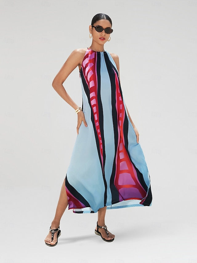 Women's Halter Neck Dress Satin Maxi Maxi Dress Rainbow