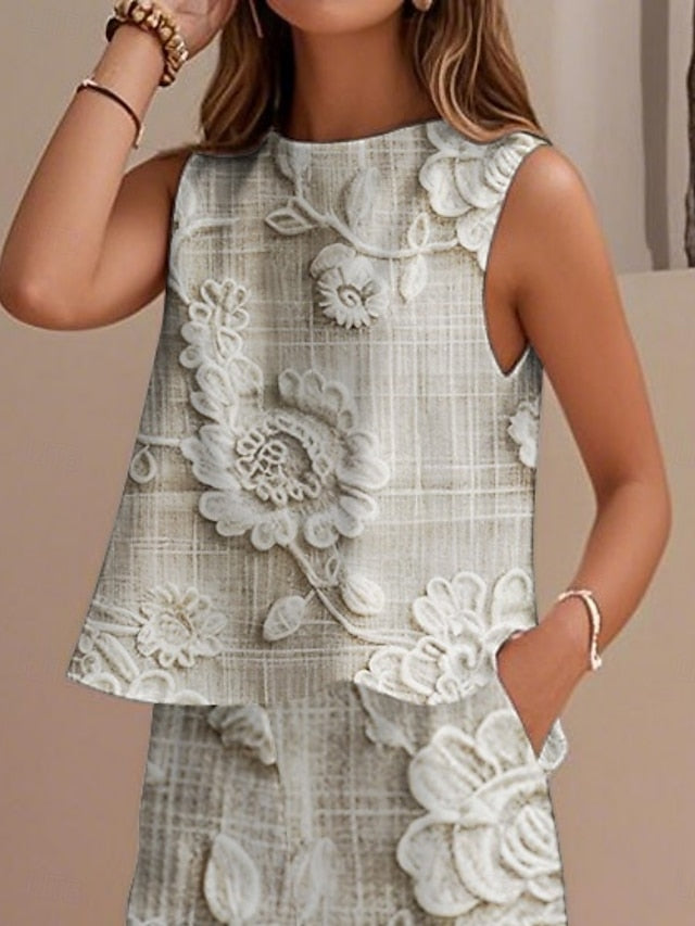 Women's Pants Sets Faux Cotton Linen Sleeveless Crew Neck