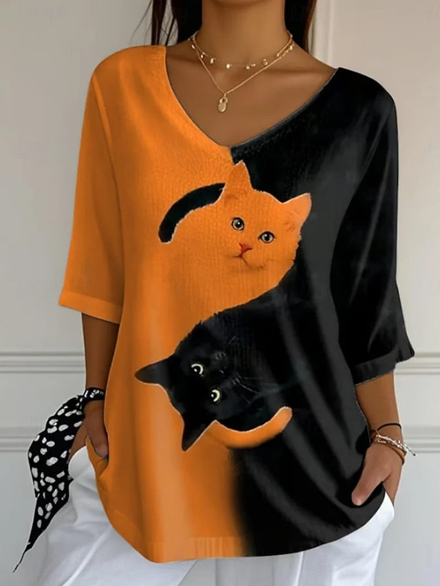 Halloween Women's Blouse Print Cat Daily Casual 3/4 Length