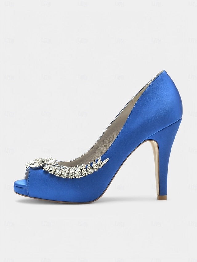 Peep-Toe Embellishment Luxury – Satin Crystal Heels with Blue