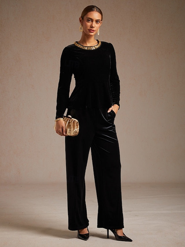 Women's Velvet Blouse Beaded Elegant Crew Neck Regular Tops