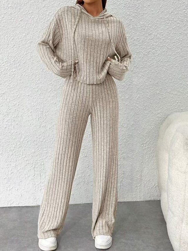 Women's Pants Sets Bolero Top Long Sleeve Hooded Solid