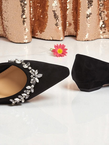 Toe Black Pointed Rhinestone Suede with Flats Women's