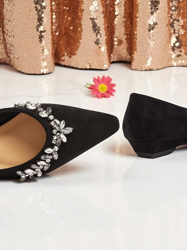 Rhinestone Women's Toe Pointed Flats Black with Suede
