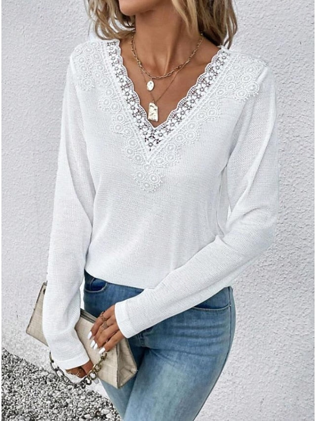 Women's White Elegant Lace Tops Eyelet Blouse Casual Lace