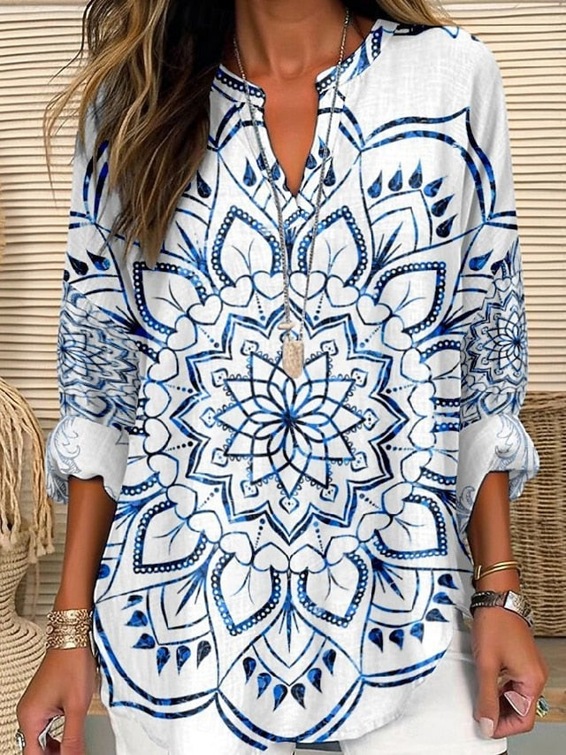 Women's Shirt Buttons Print Floral Stylish Modern Long