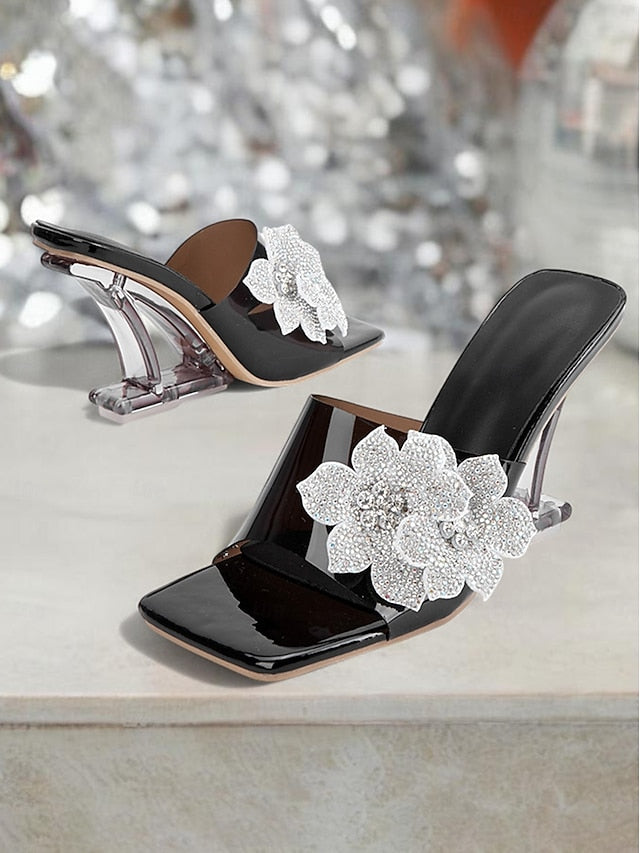 Flower Black Women's Mules Rhinestone with Leather Patent