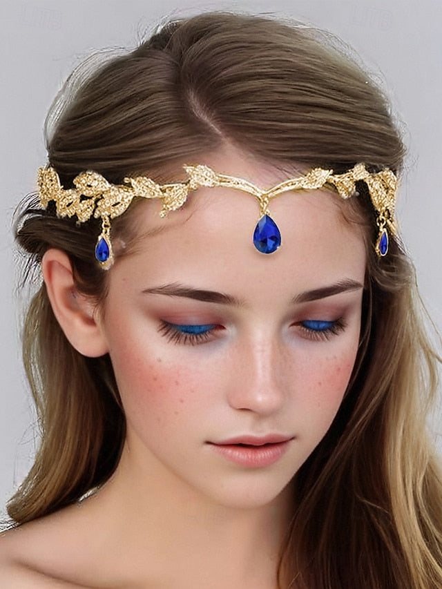 Gold Gemstone with Headpiece Leaf Vintage Blue – Drops