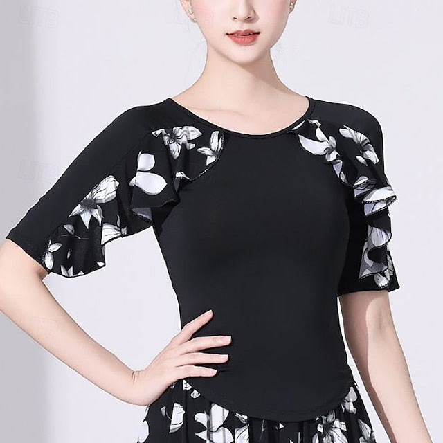 Latin Dance Top Printing Ruffle Splicing Women's