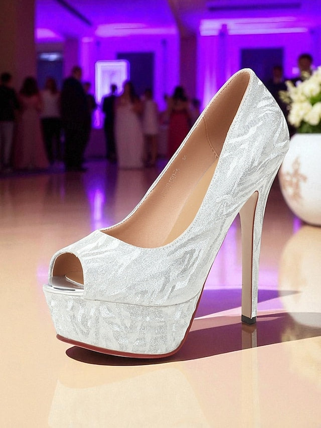 Peep-Toe Pattern Heels Women's Subtle Silver Platform with