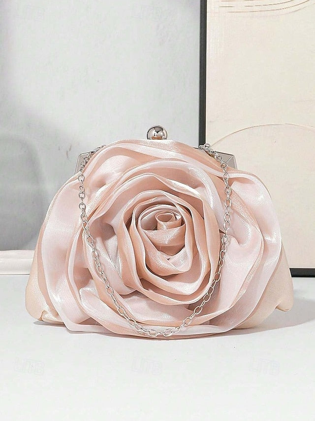 Satin Rose Clutch Evening Flower Purse – Women's Elegant