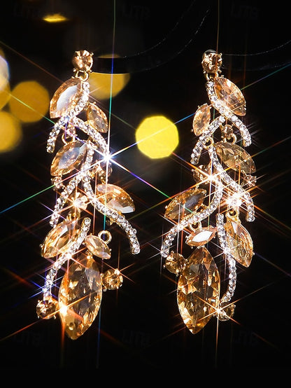 - Earrings Gold Women's Design Crystal Leaf Elegant