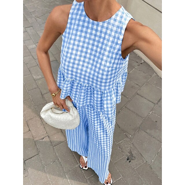 Women's Pants Sets Bolero Top Sleeveless Crew Neck Plaid