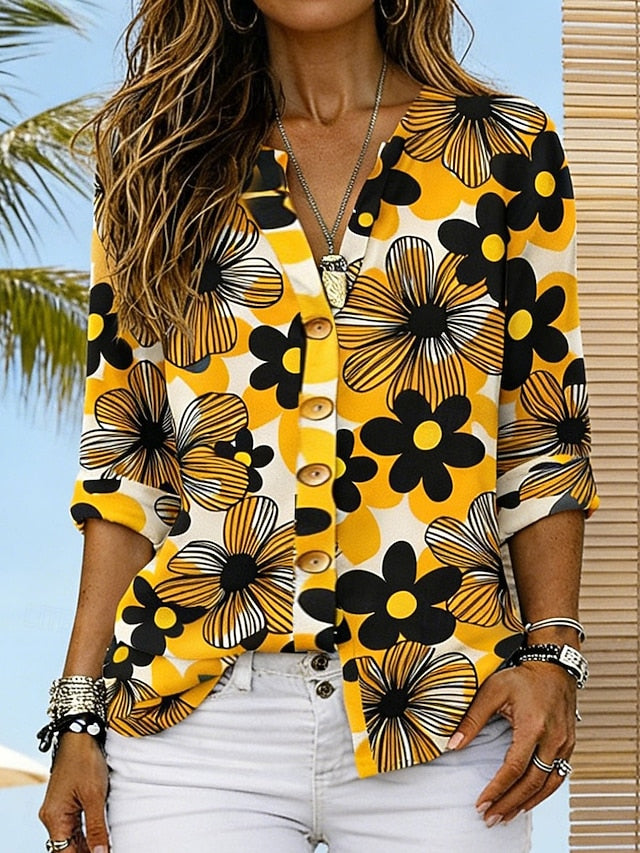 Women's Shirt Tunic Summer Tops Buttons Floral Graphic