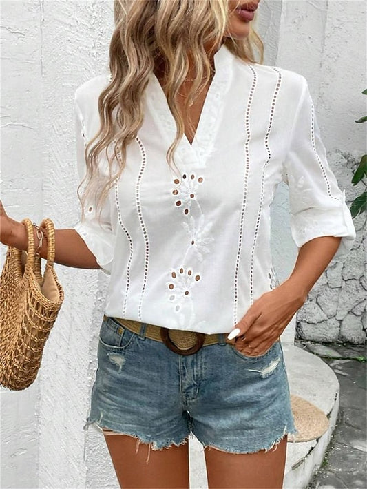 Women's Summer Tops Blouse Eyelet top Ruched Patchwork