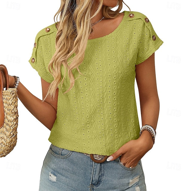 Women's T Shirt Eyelet Embroidery T Shirts Patchwork Eyelet