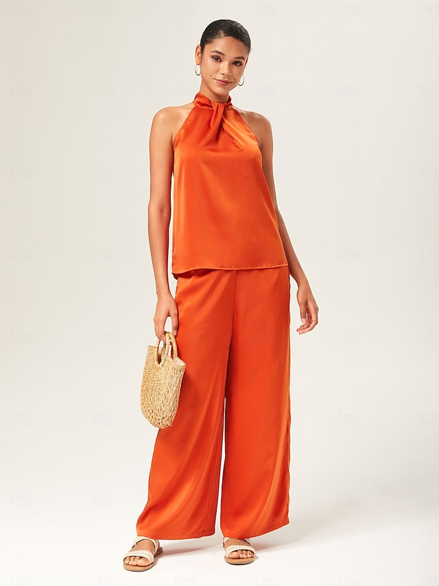 Orange Stand Collar Wide Leg Pants Set