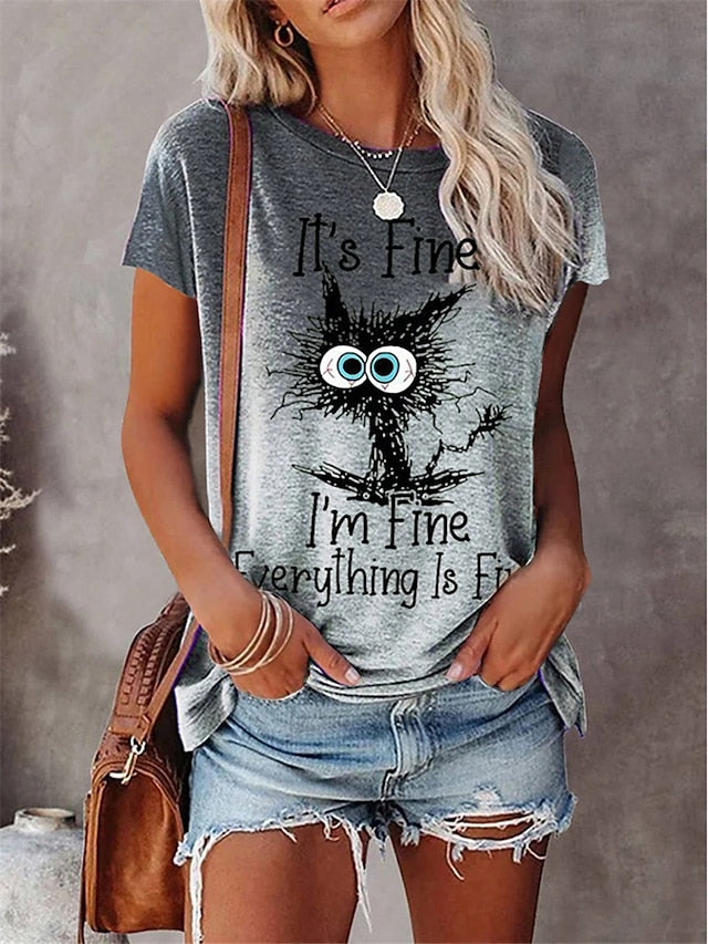 Women's T shirt Tee Purple Brown Gray Cat Letter Patchwork