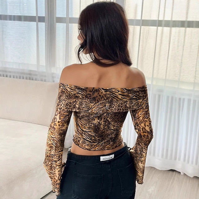 Retro Vintage 1970s Groovy Crop Top Bell Sleeve Disco Leopard