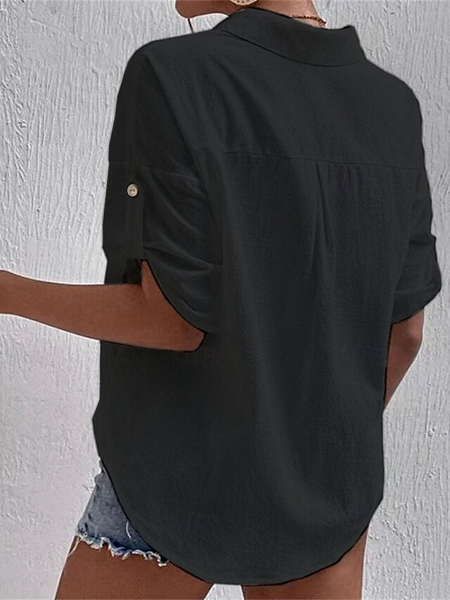 Women's Cotton Linen Shirts Blouse Pocket Buttons Plain