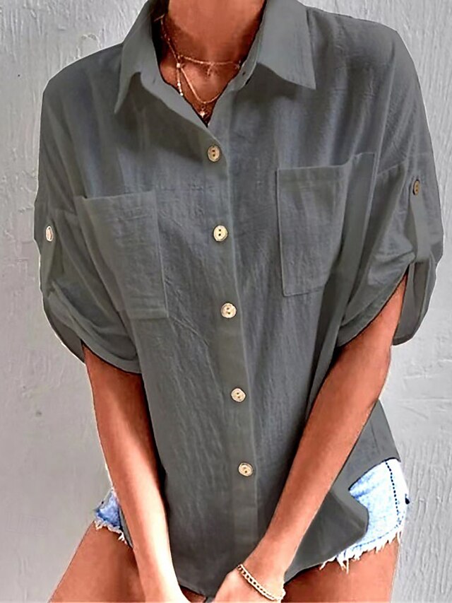 Women's Cotton Linen Shirts Blouse Pocket Buttons Plain