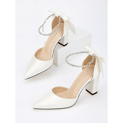 Elegant Ankle Heel Block Satin Pumps Toe Women's - Pointed