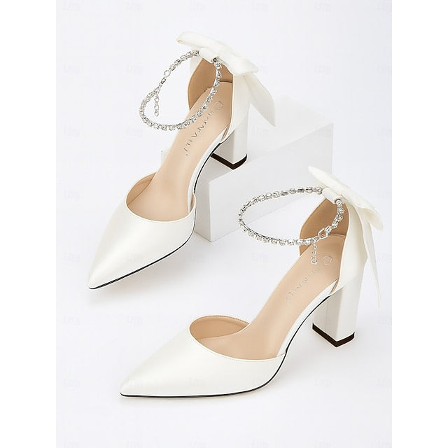 Heel Women's Pumps Ankle Toe Satin Pointed - Elegant Block