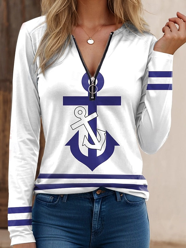 Women's T Shirt Quarter Zip Long Sleeve Casual Floral V