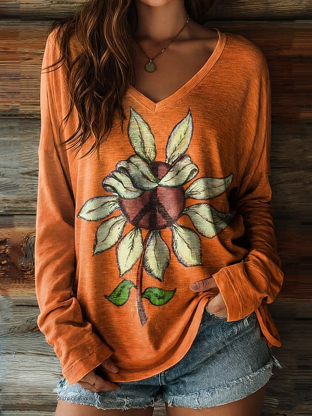 Women's T Shirt Print Floral Graphic Sunflower Vintage