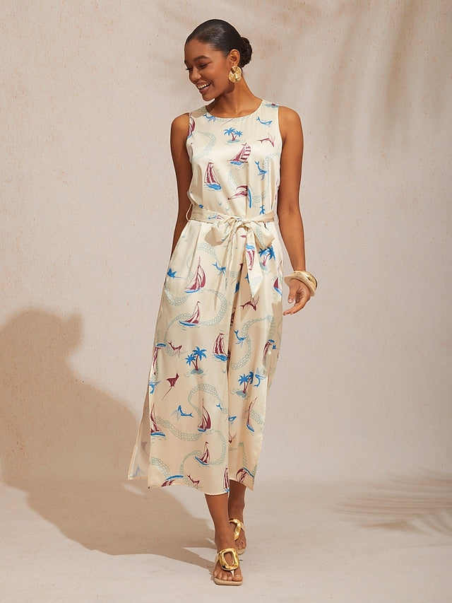Vacation Ocean Elements Straight Satin Maxi Dress